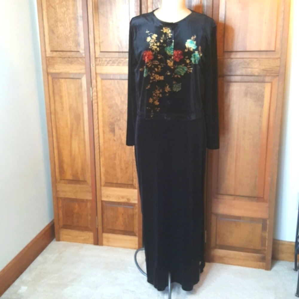 Carole Little NWT Vintage Two Piece Black Velvet Maxi Dress and Sweater